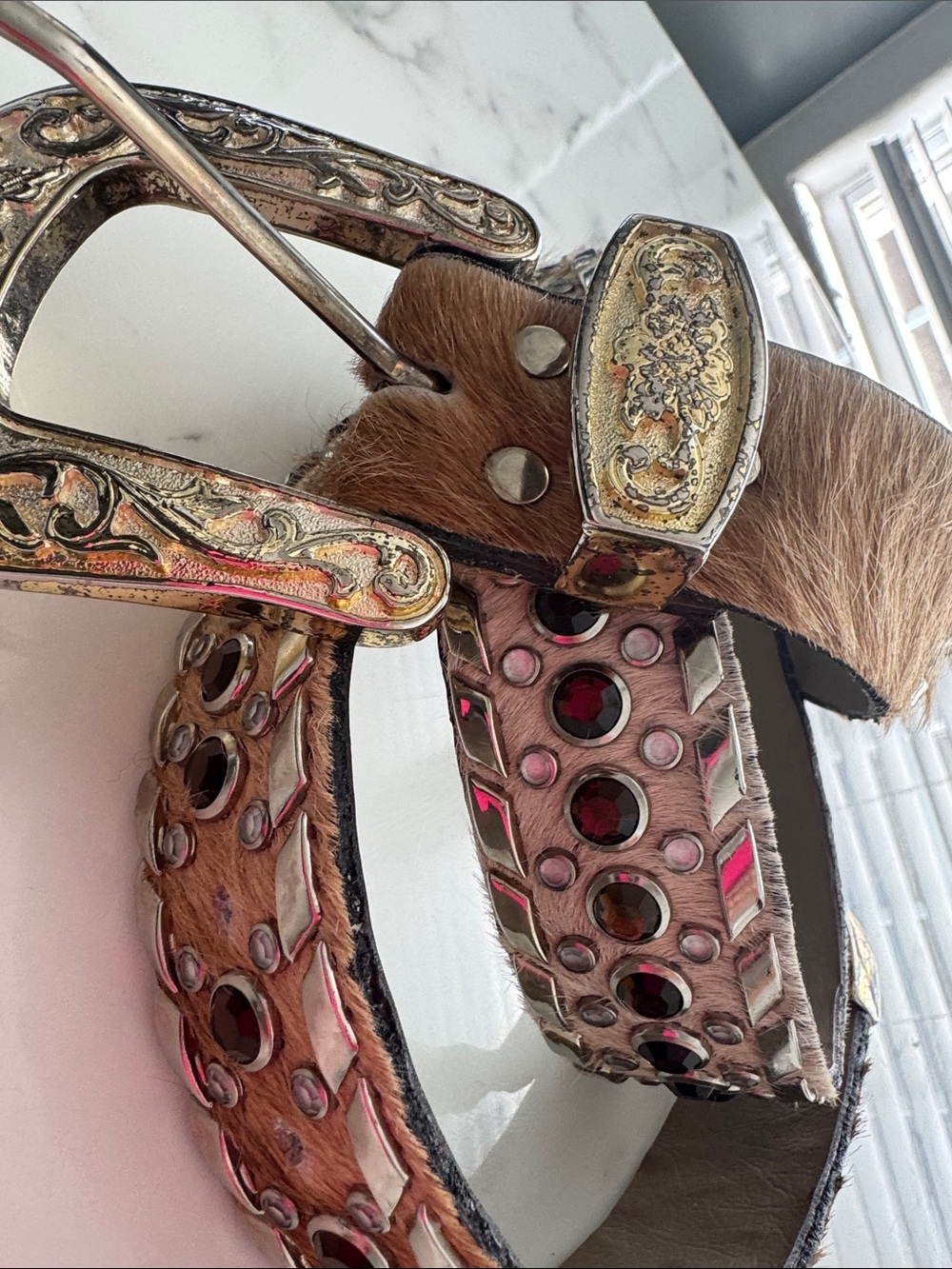 Brown Studded Western Hair-On Belt with Decorative Gold Buckle